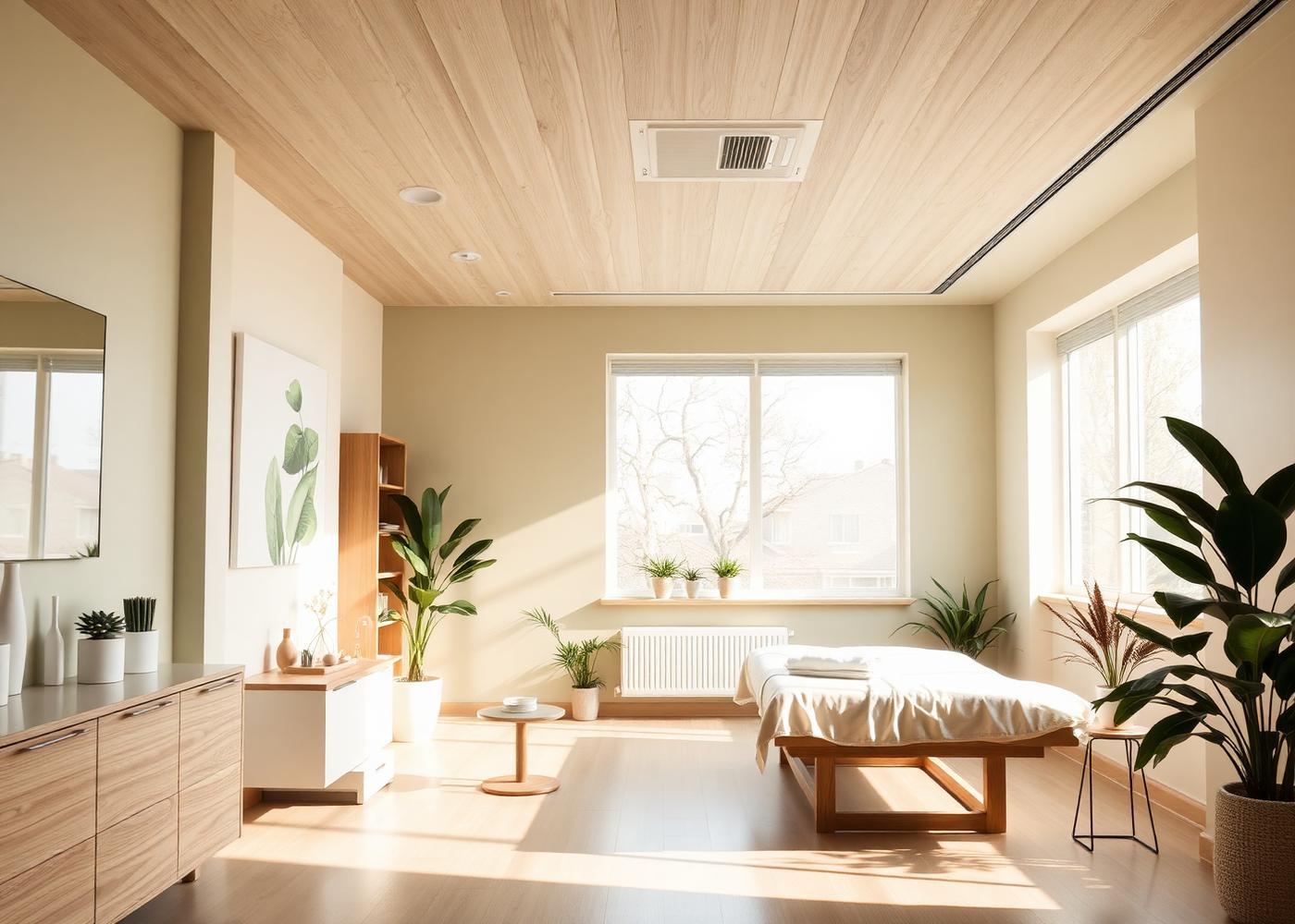 Warm, sunlit clinic interior with natural wood and plants