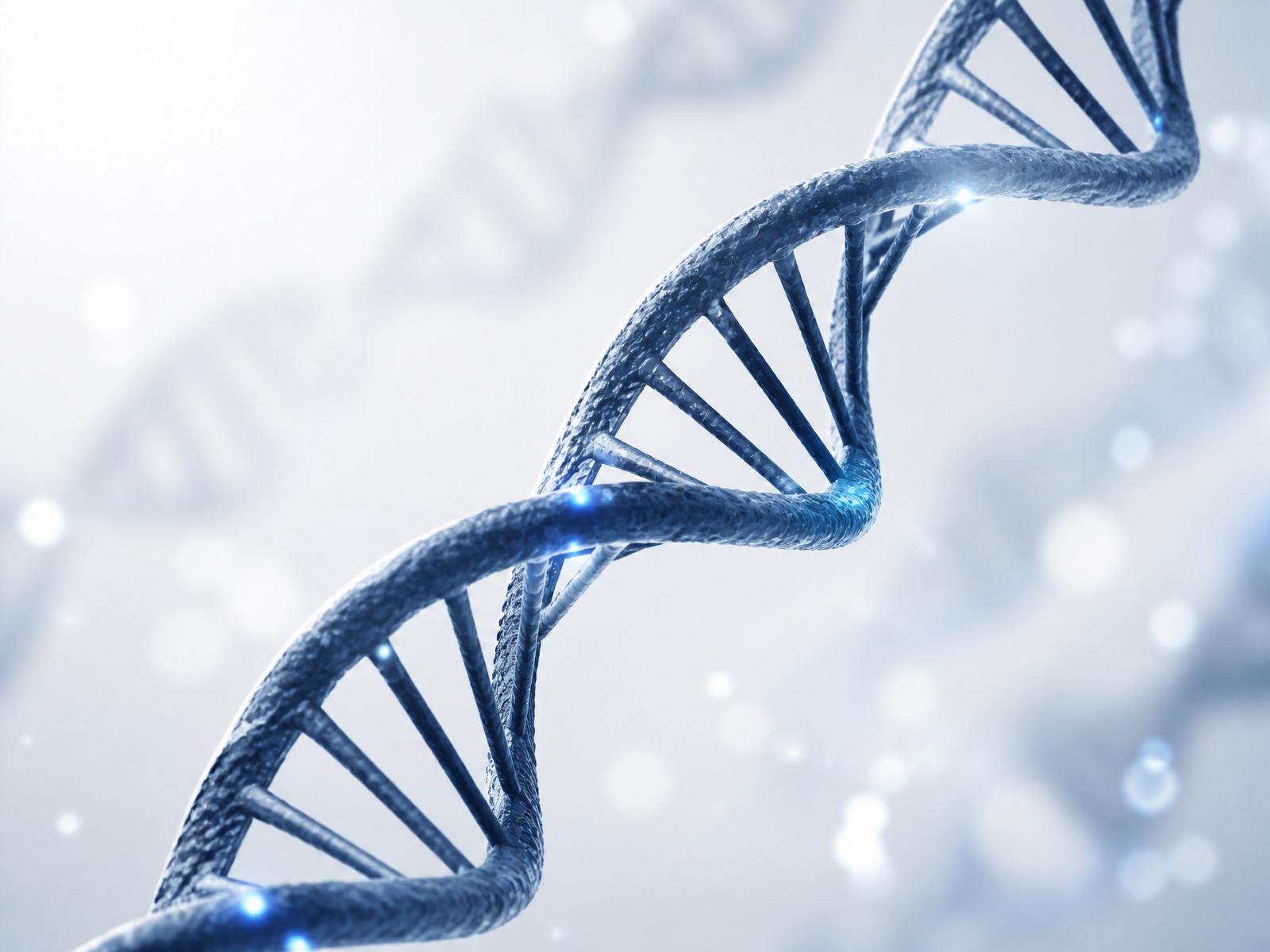 Illustration of a DNA double helix in deep navy blue tones